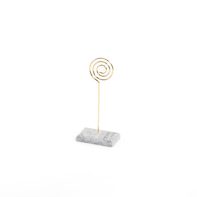 Hexagonal marble card stand with a golden steel column