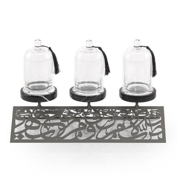 Set Of Glass Jars With Marble Base And Arabesque Metal Stand