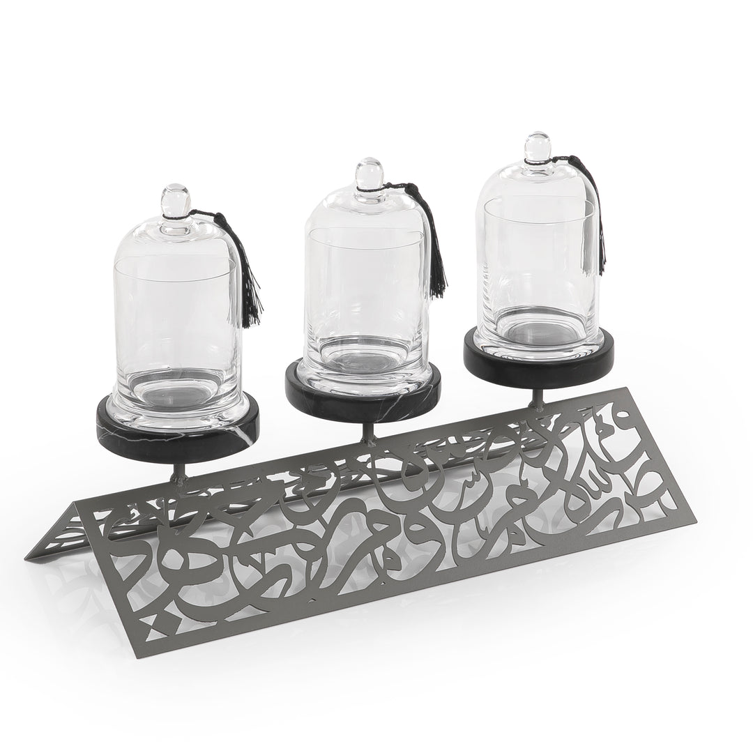 Set Of Glass Jars With Marble Base And Arabesque Metal Stand