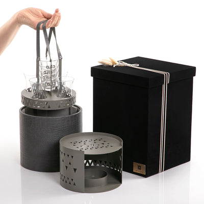 طقم منقل معدني مع حامل فناجيل وشاي وقاعدة جلدية مع بوكس هدية