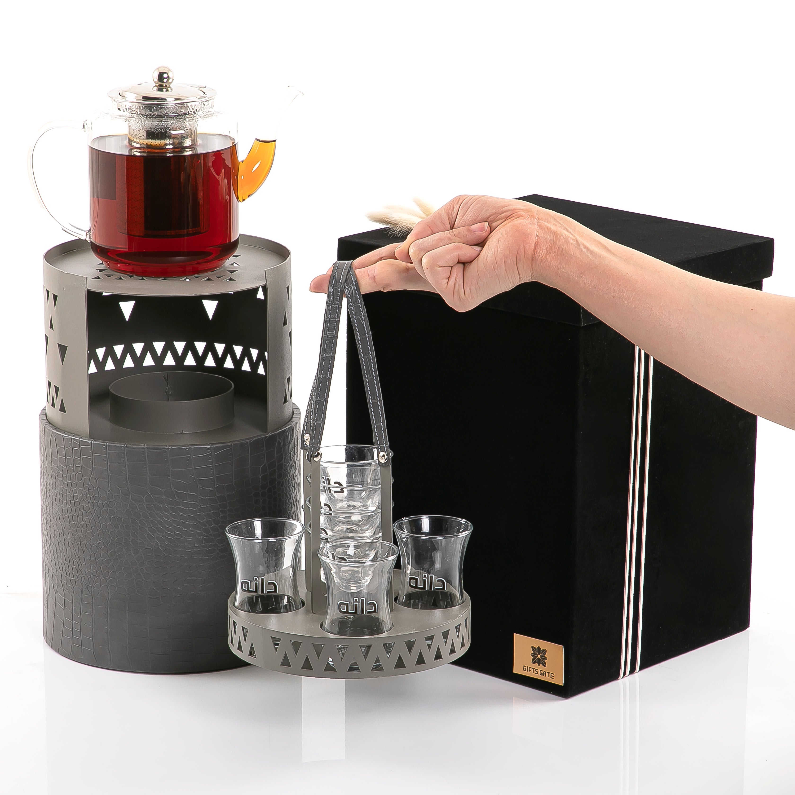 Beverage Warmer Set with Cups Holder and Leather Base in Box