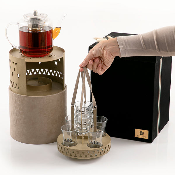 Beverage Warmer Set with Cups Holder and Leather Base in Box