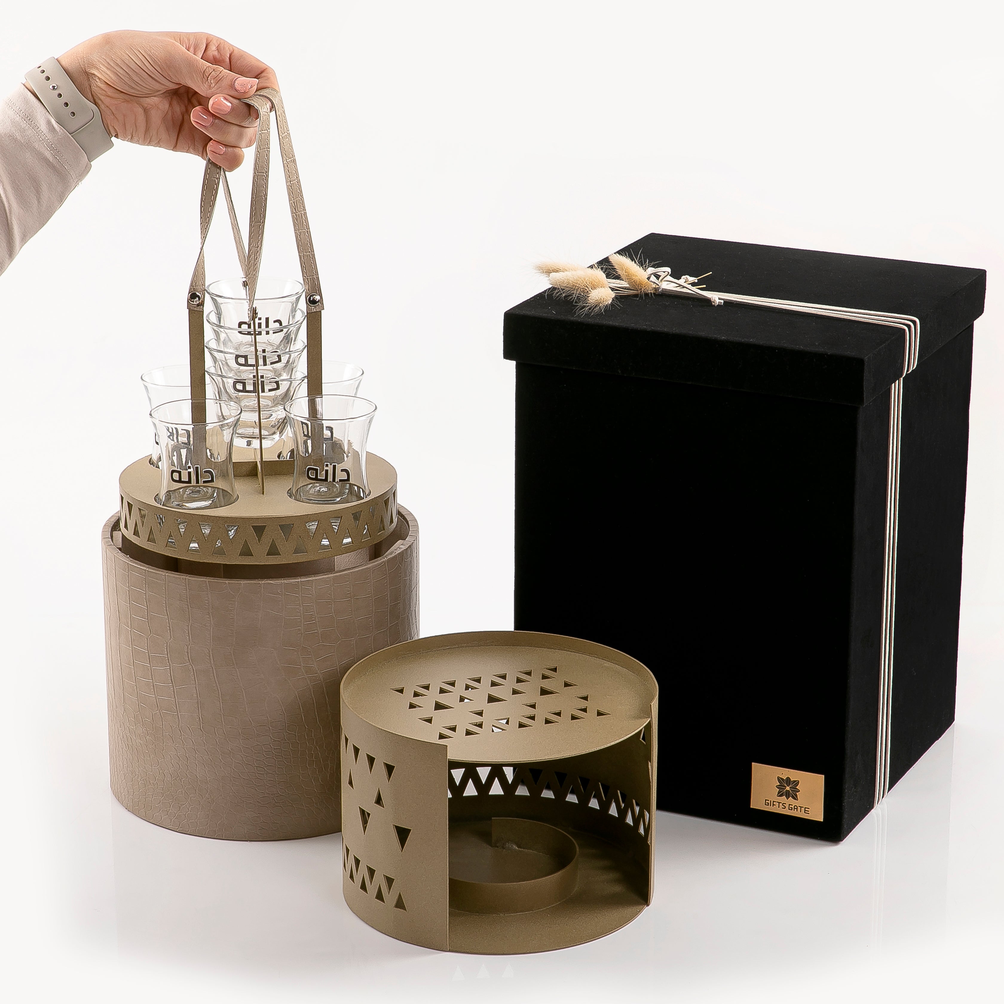 Beverage Warmer Set with Cups Holder and Leather Base in Box