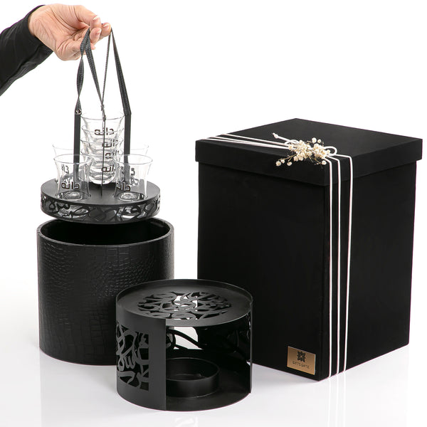 Beverage Warmer Set with Cups Holder and Leather Base in Box