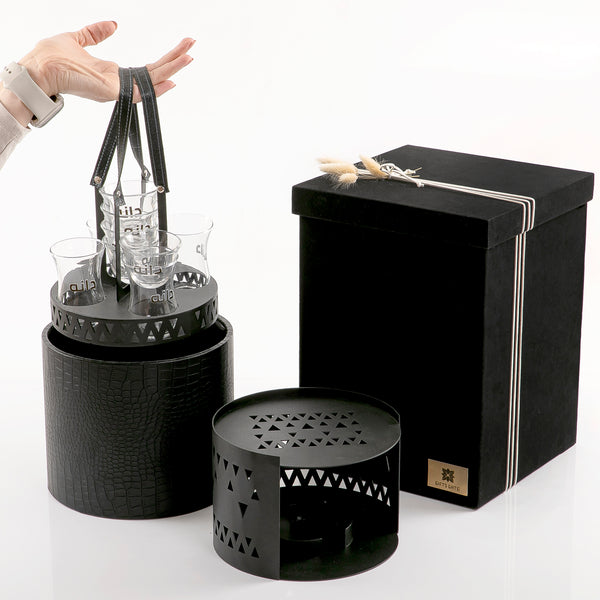 Beverage Warmer Set with Cups Holder and Leather Base in Box