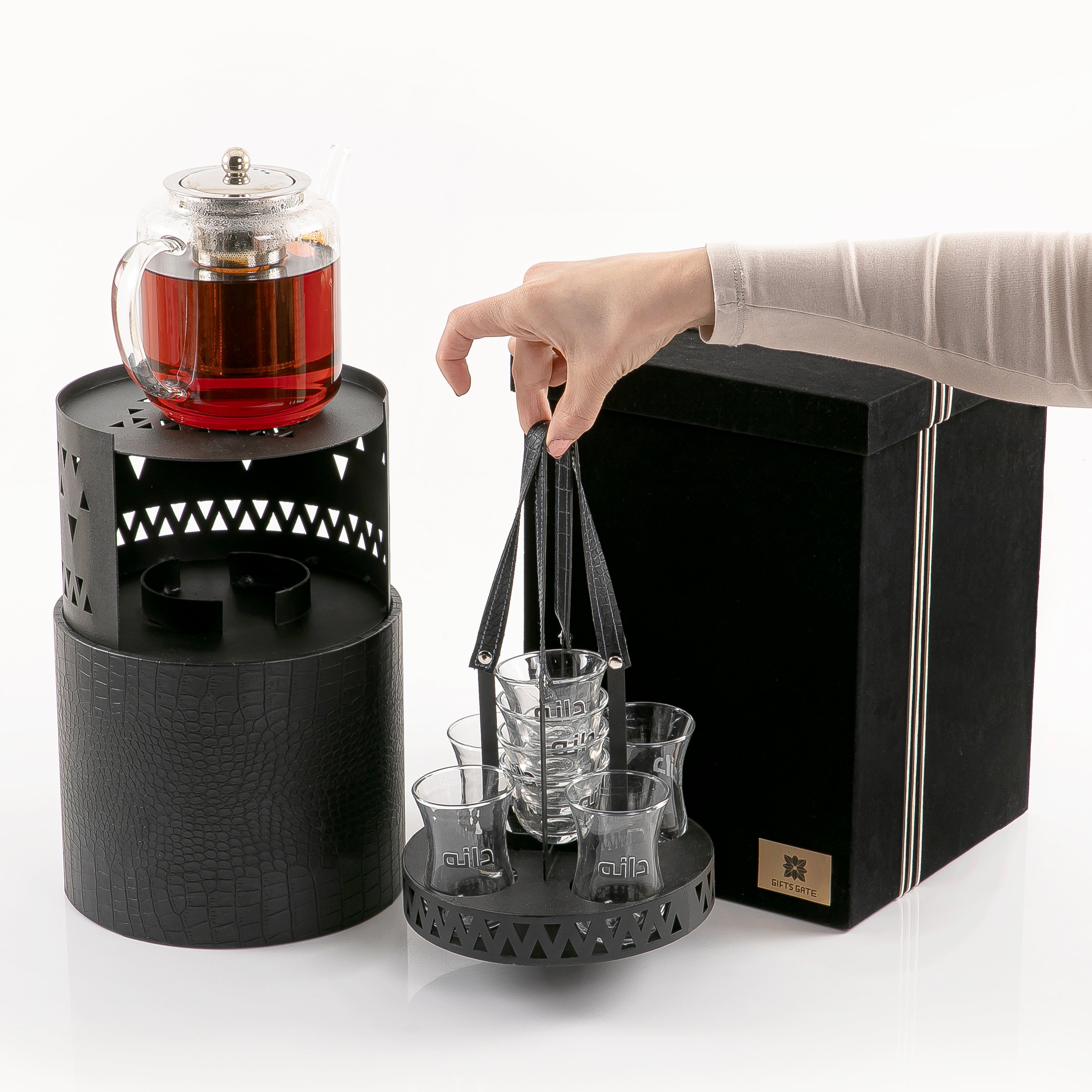 Beverage Warmer Set with Cups Holder and Leather Base in Box