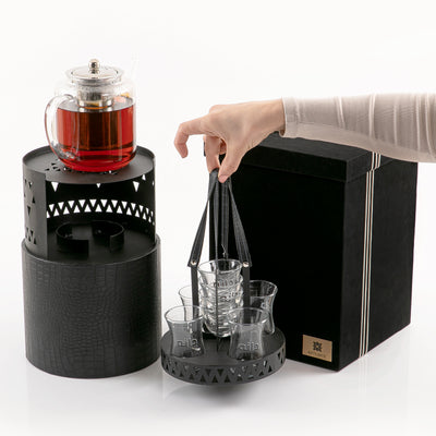 طقم منقل معدني مع حامل فناجيل وشاي وقاعدة جلدية مع بوكس هدية