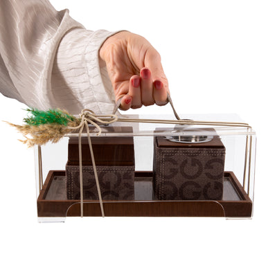 مبخرة خشب مع علبة بخور براند وصينية بغطاء أكريليك