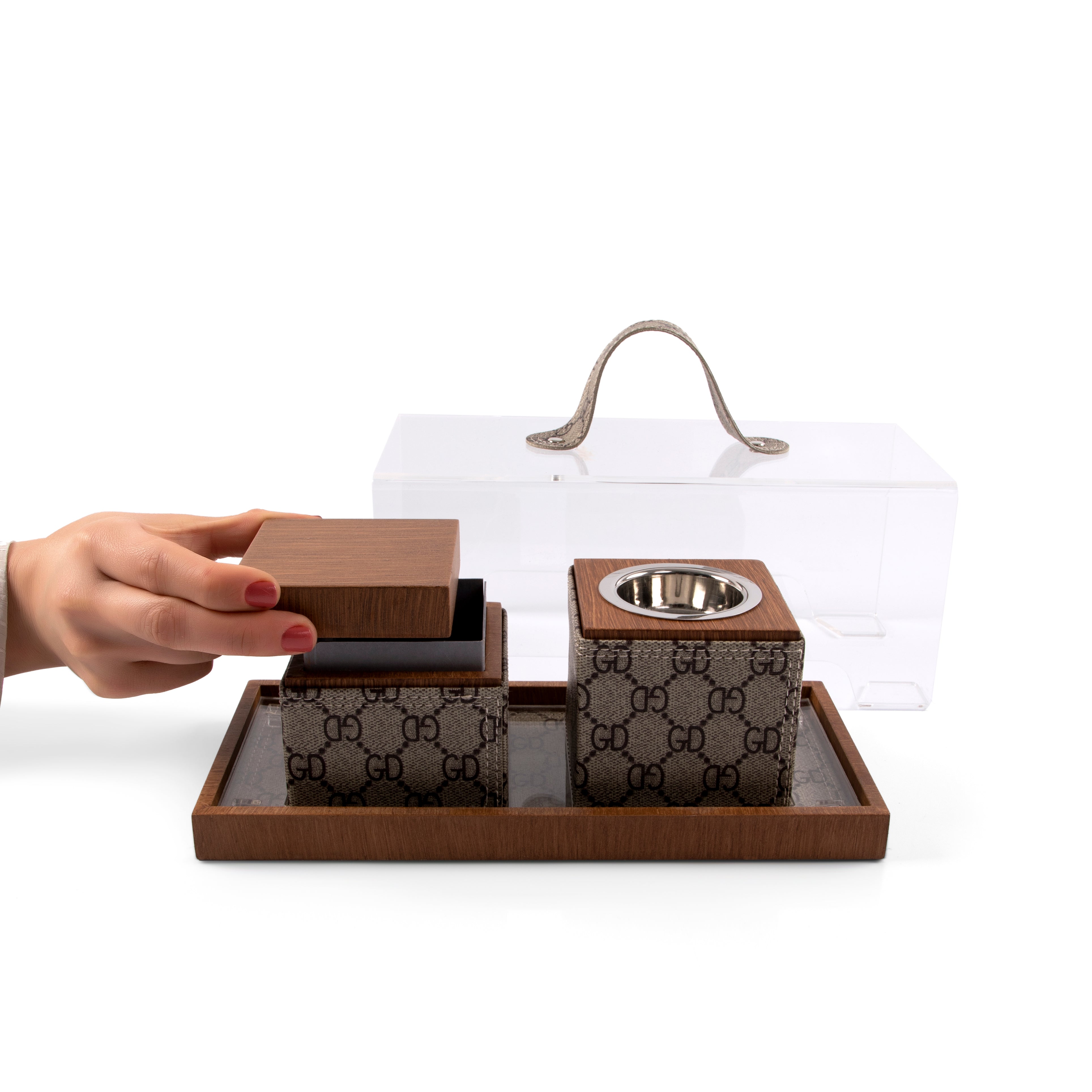 مبخرة خشب مع علبة بخور براند وصينية بغطاء أكريليك