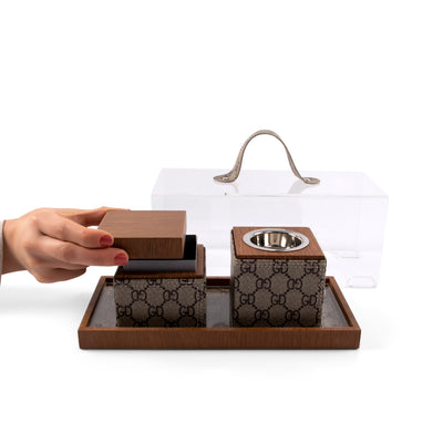 مبخرة خشب مع علبة بخور براند وصينية بغطاء أكريليك