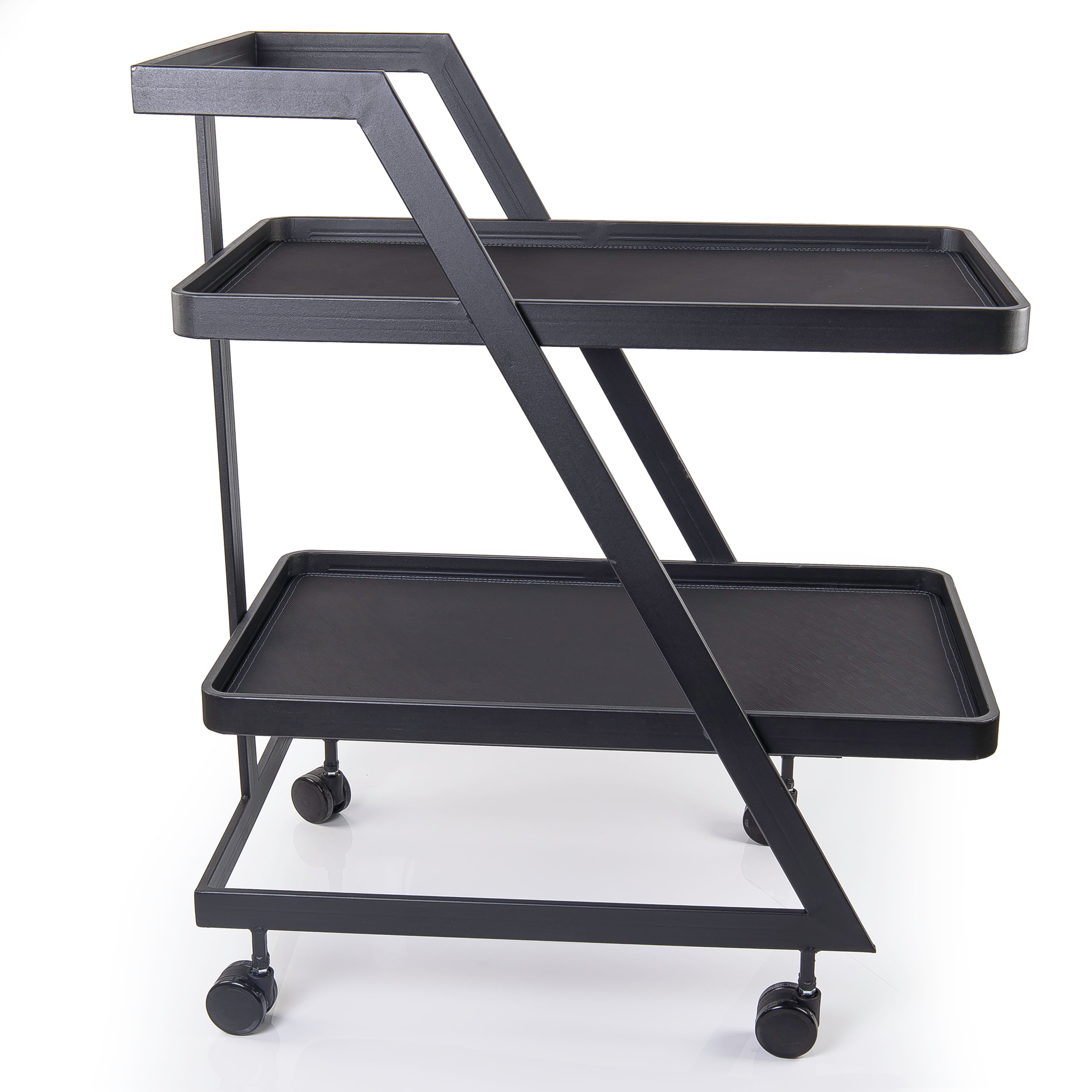 Leather Trolley Table with Two Shelves and Metal Sides