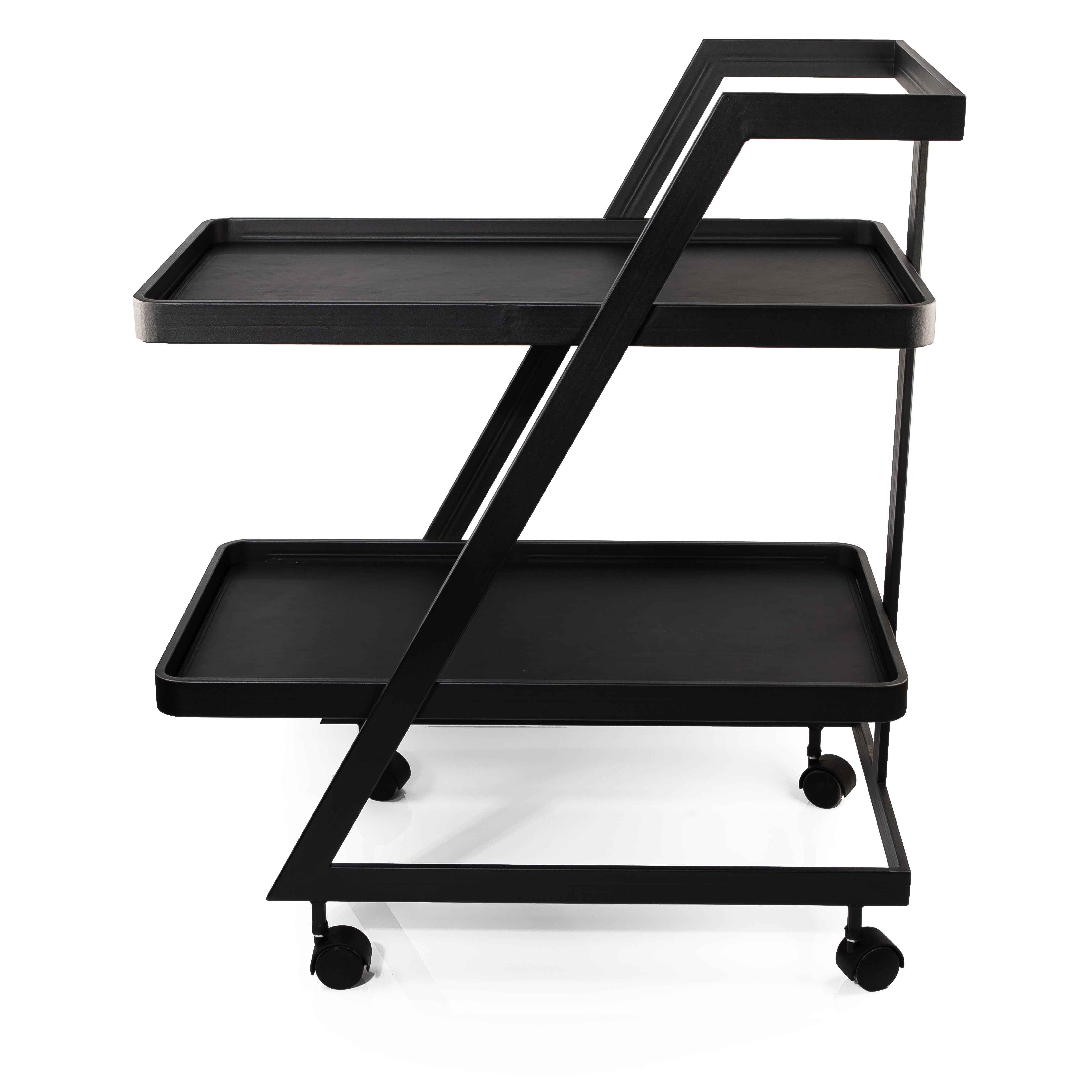 Leather Trolley Table with Two Shelves and Metal Sides
