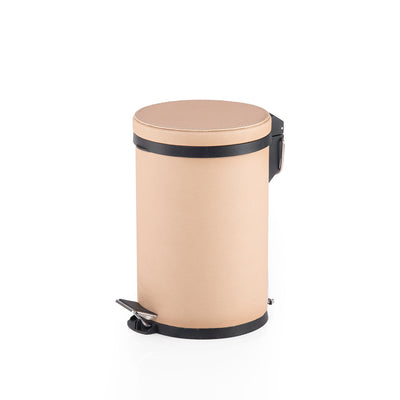 سلة نفايات فخمة من المعدن بتلبيسة جلد بيج - وسط