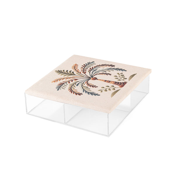 Square Acrylic Box with Compartments and a Decorated Linen Lid