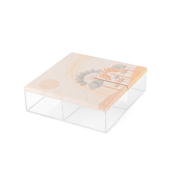 Square Acrylic Box with Compartments and a Decorated Linen Lid