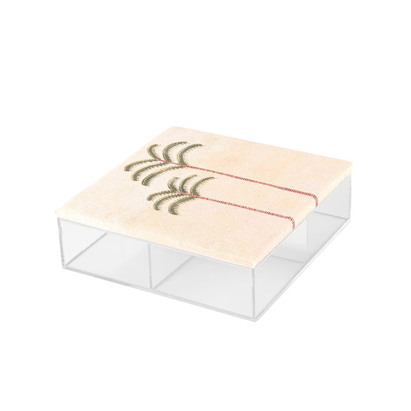 Square Acrylic Box with Compartments and a Decorated Linen Lid