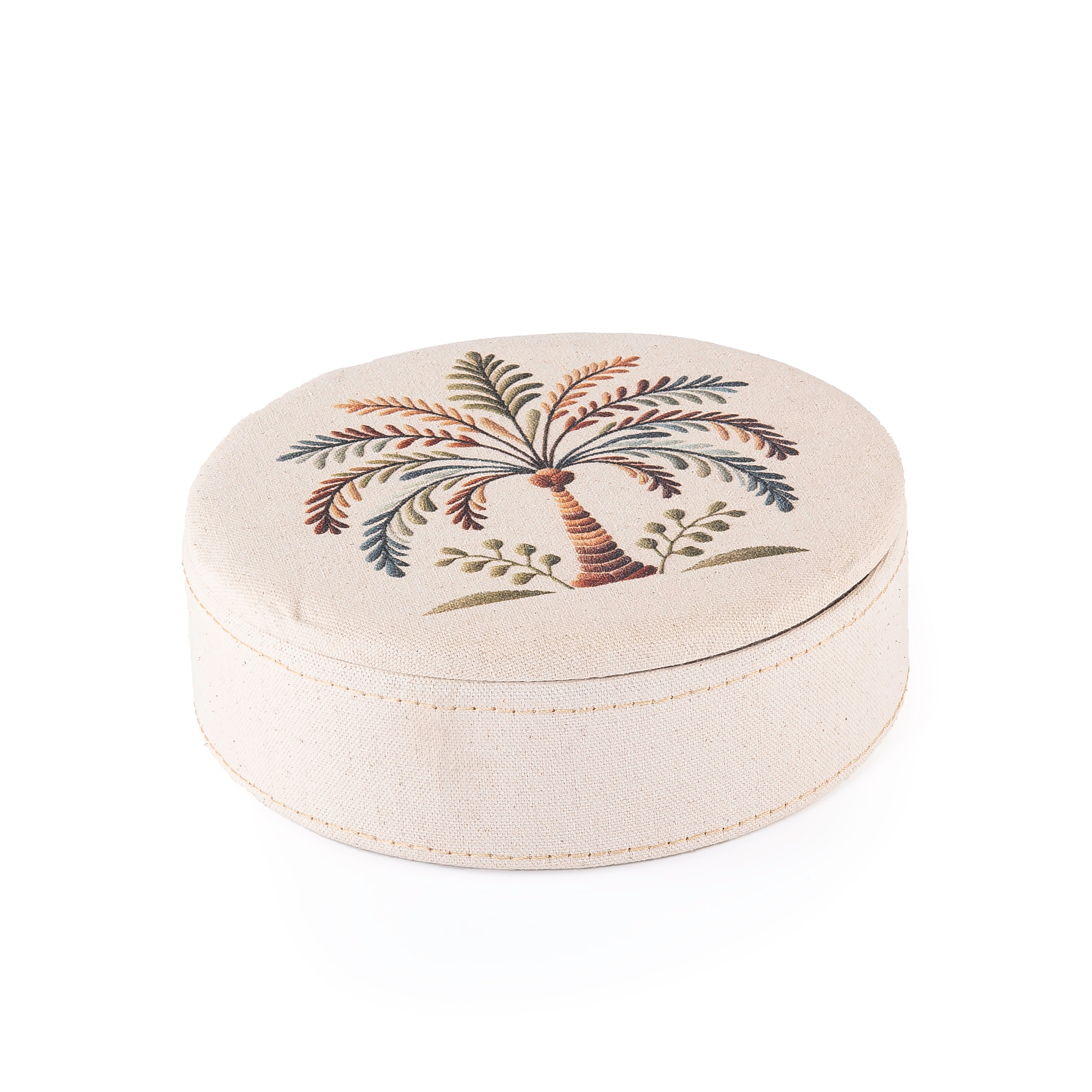 بوكس خشبي دائري مغطى بالكتان مع غطاء مزين بنمط نخيل