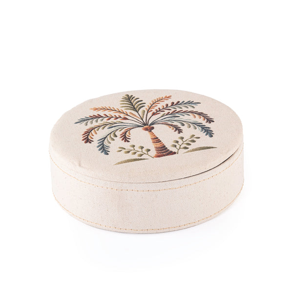 Round Wooden Box Covered in Linen with a Palm Patterned Lid