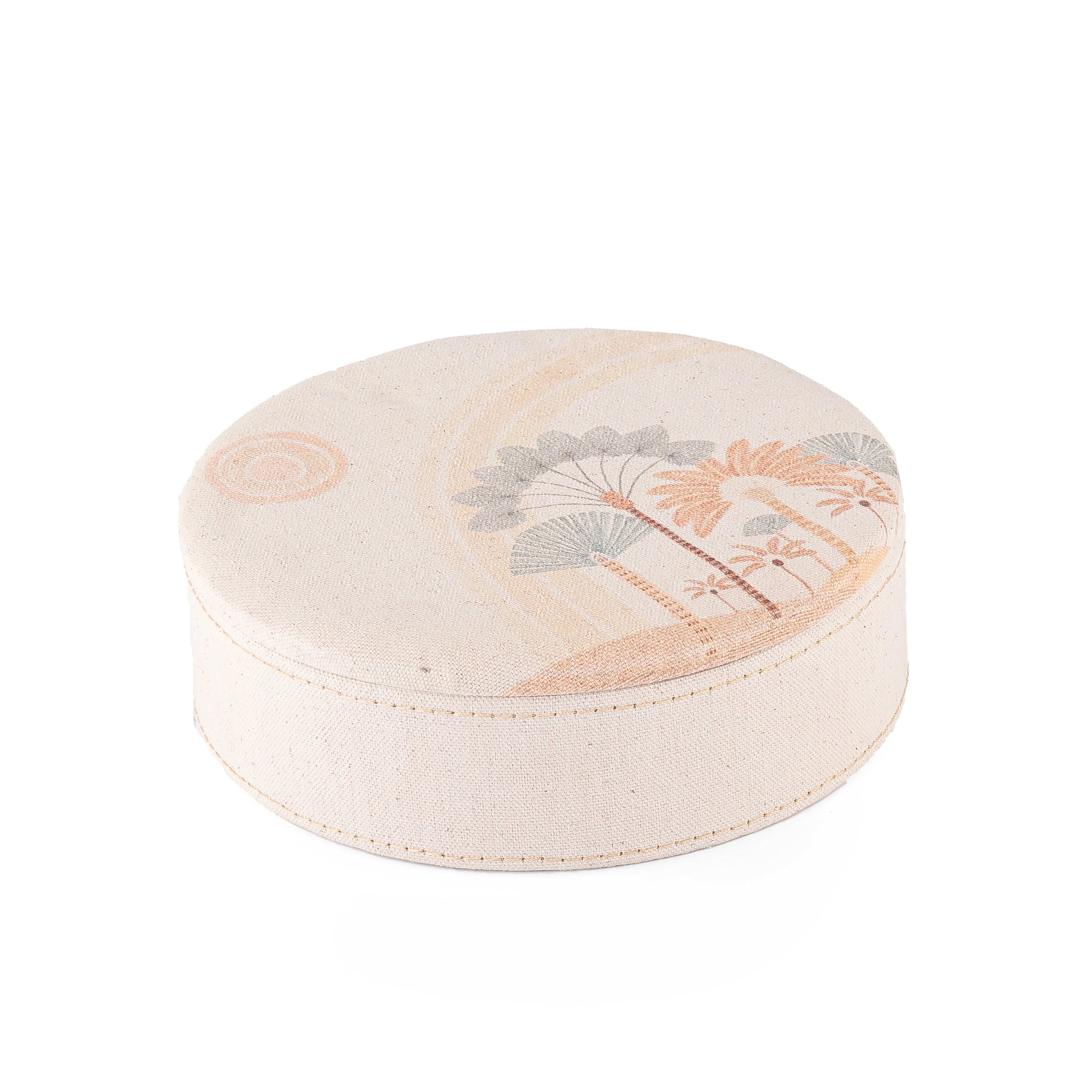 Round Wooden Box Covered in Linen with a Palm Patterned Lid