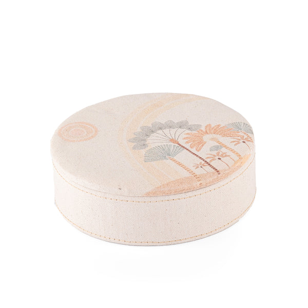 Round Wooden Box Covered in Linen with a Palm Patterned Lid