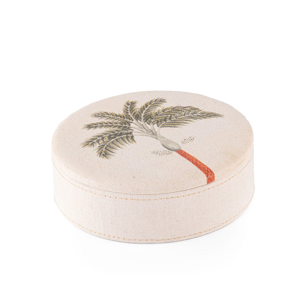 Round Wooden Box Covered in Linen with a Palm Patterned Lid