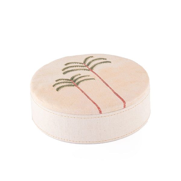 Round Wooden Box Covered in Linen with a Palm Patterned Lid