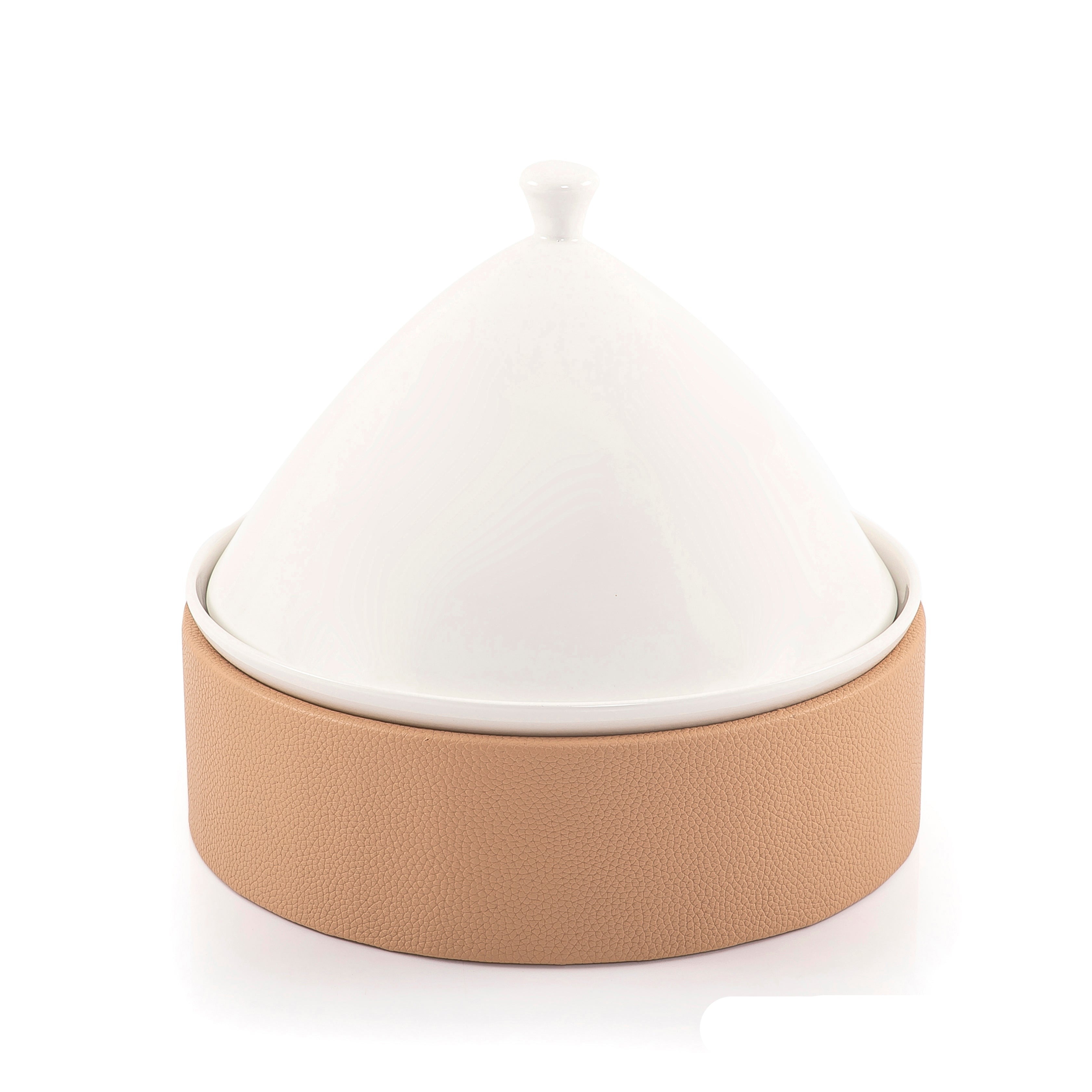 Ceramic Dish with Cone-Shaped Cover and Leather Base - Large
