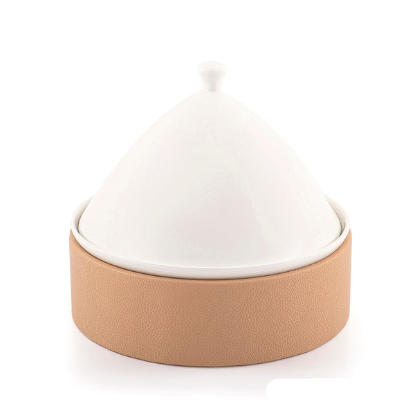 Ceramic Dish with Cone-Shaped Cover and Leather Base - Large