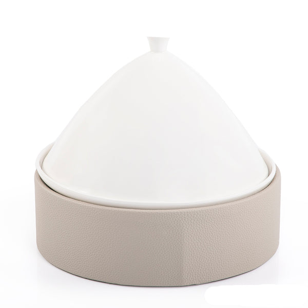 Ceramic Dish with Cone-Shaped Cover and Leather Base - Large