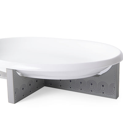 ستاند خشب بتلبيسة جلد مزخرفة مع طبق سيراميك بتصميم بيضاوي - كبير