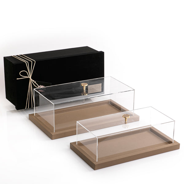 Leather Wrapped Tray With Transparent Acrylic Cover (Set Of 2)