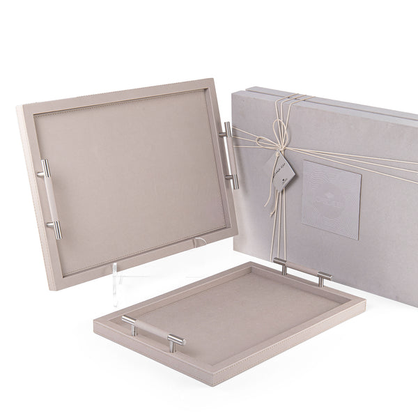 Set of 2 Rectangular Wooden Serving Trays Wrapped with Leather - Light Grey