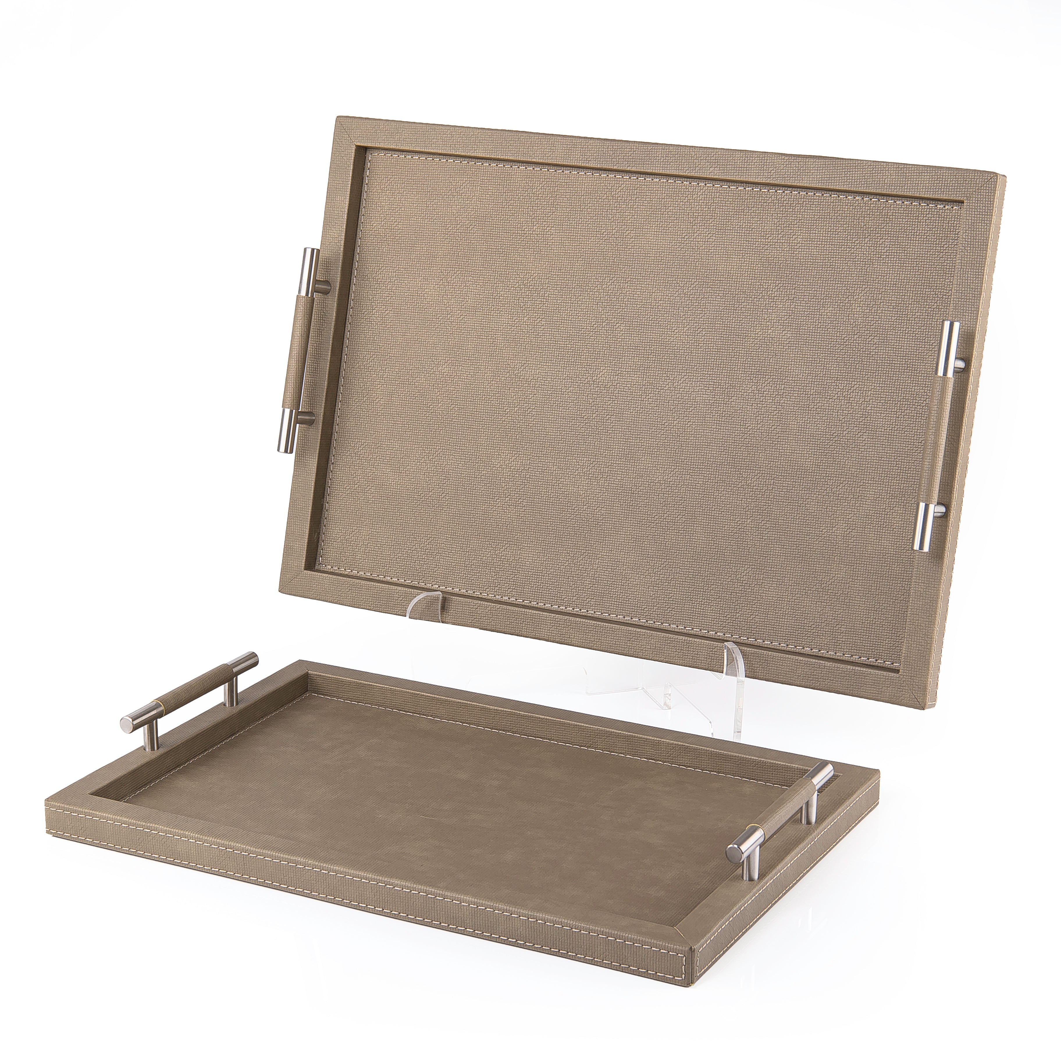 طقم 2 صواني تقديم من الخشب بتلبيسة جلد بتصميم مستطيل - زيتي 