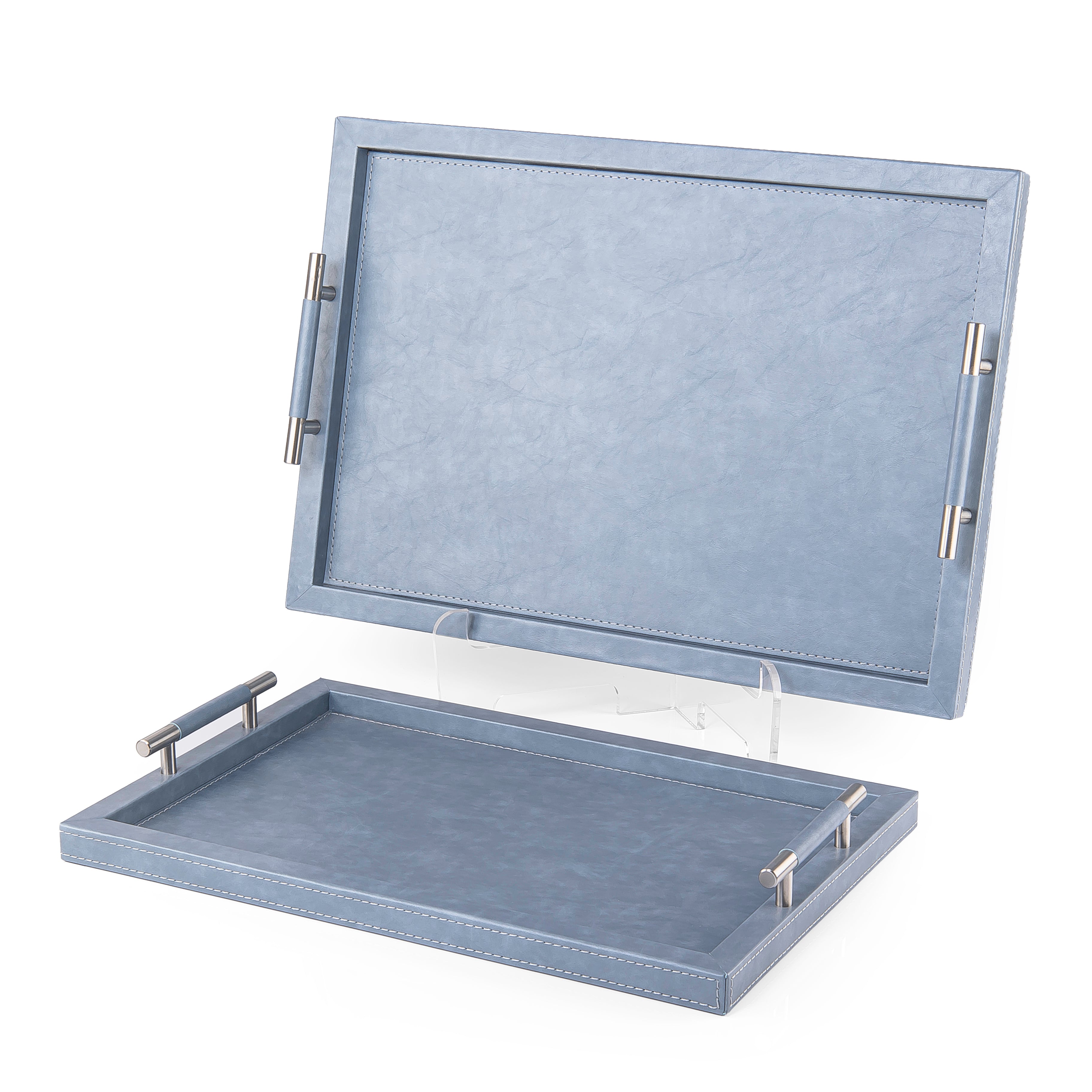 Set of 2 Rectangular Wooden Serving Trays Wrapped with Leather - Blue