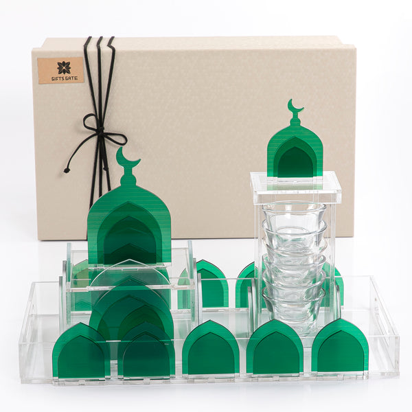 Mosque Design Acrylic Tray with Box & 6 Coffee Cups in Gift Box