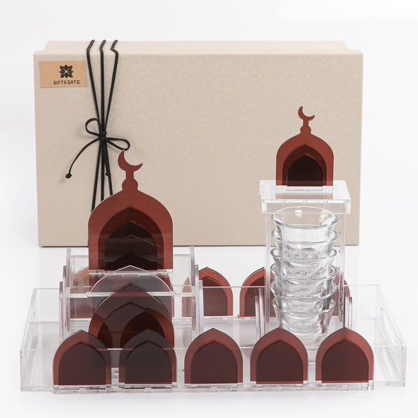 Mosque Design Acrylic Tray with Box & 6 Coffee Cups in Gift Box