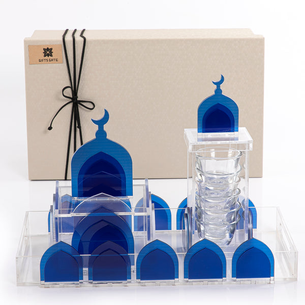 Mosque Design Acrylic Tray with Box & 6 Coffee Cups in Gift Box