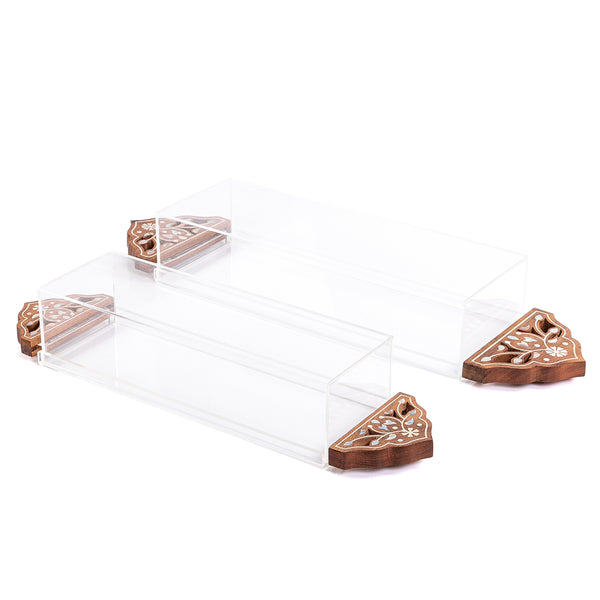 Rectangular Acrylic Tray Set With Decorative Wooden Handles