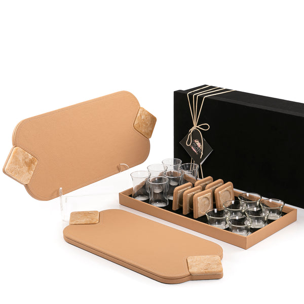 Square Leather Trays With Marble Handles, Cups, And Gift Box