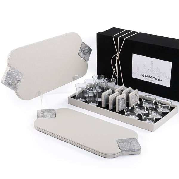 Square Leather Trays With Marble Handles, Cups, And Gift Box