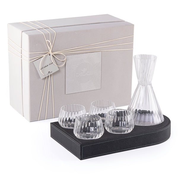 Wooden Tray Set Wrapped in Leather with 4 Cups Carafe and Gift Box - Black