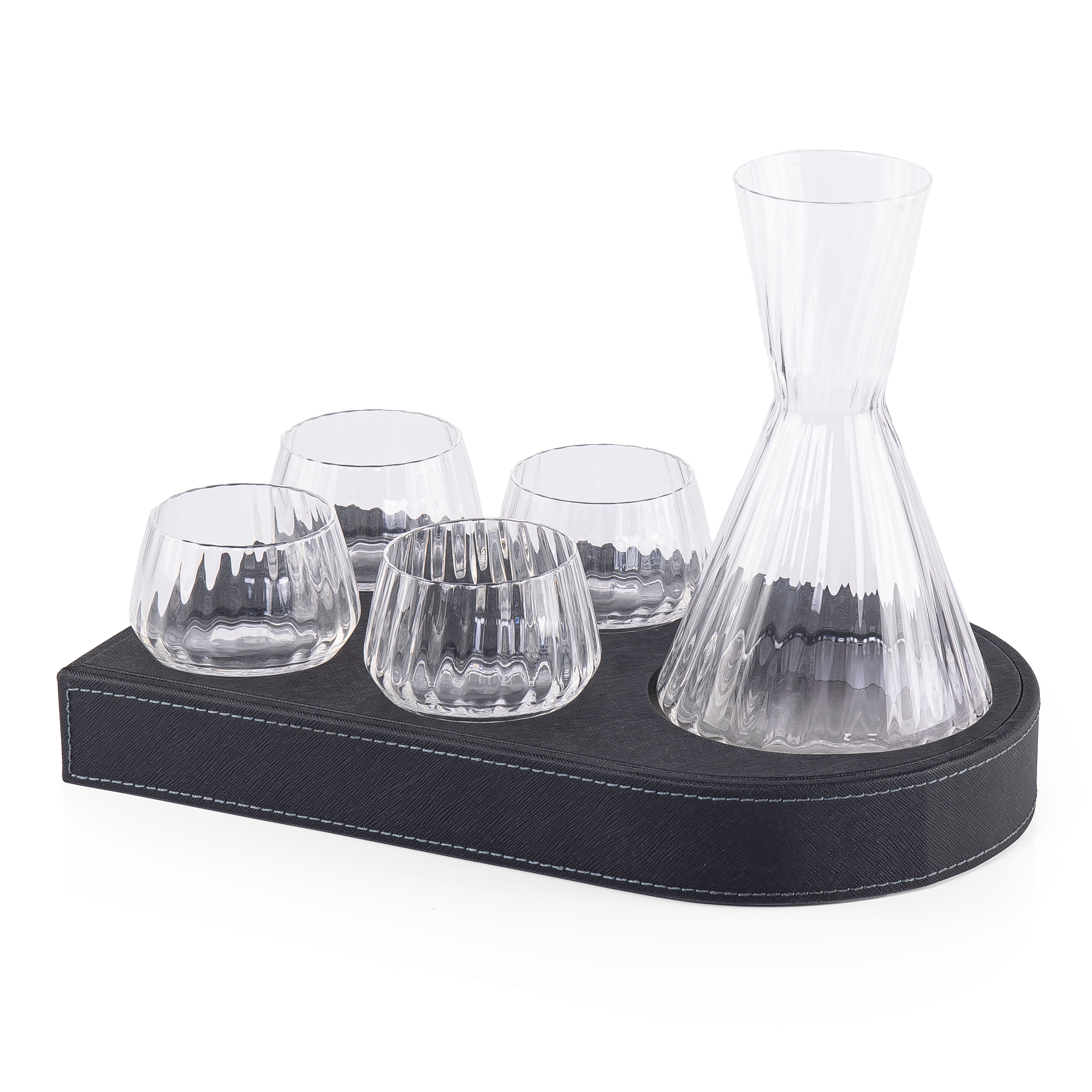 Wooden Tray Set Wrapped in Leather with 4 Cups Carafe and Gift Box - Black