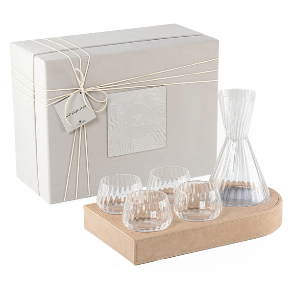 Wooden Tray Set Wrapped in Leather with 4 Cups Carafe and Gift Box - Beige