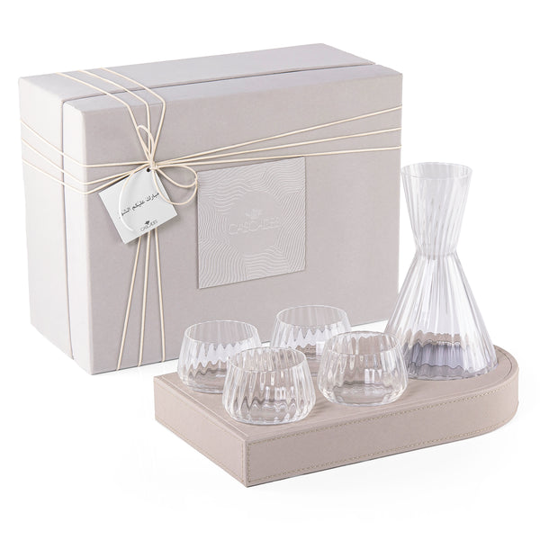 Wooden Tray Set Wrapped in Leather with 4 Cups Carafe and Gift Box - Light Grey