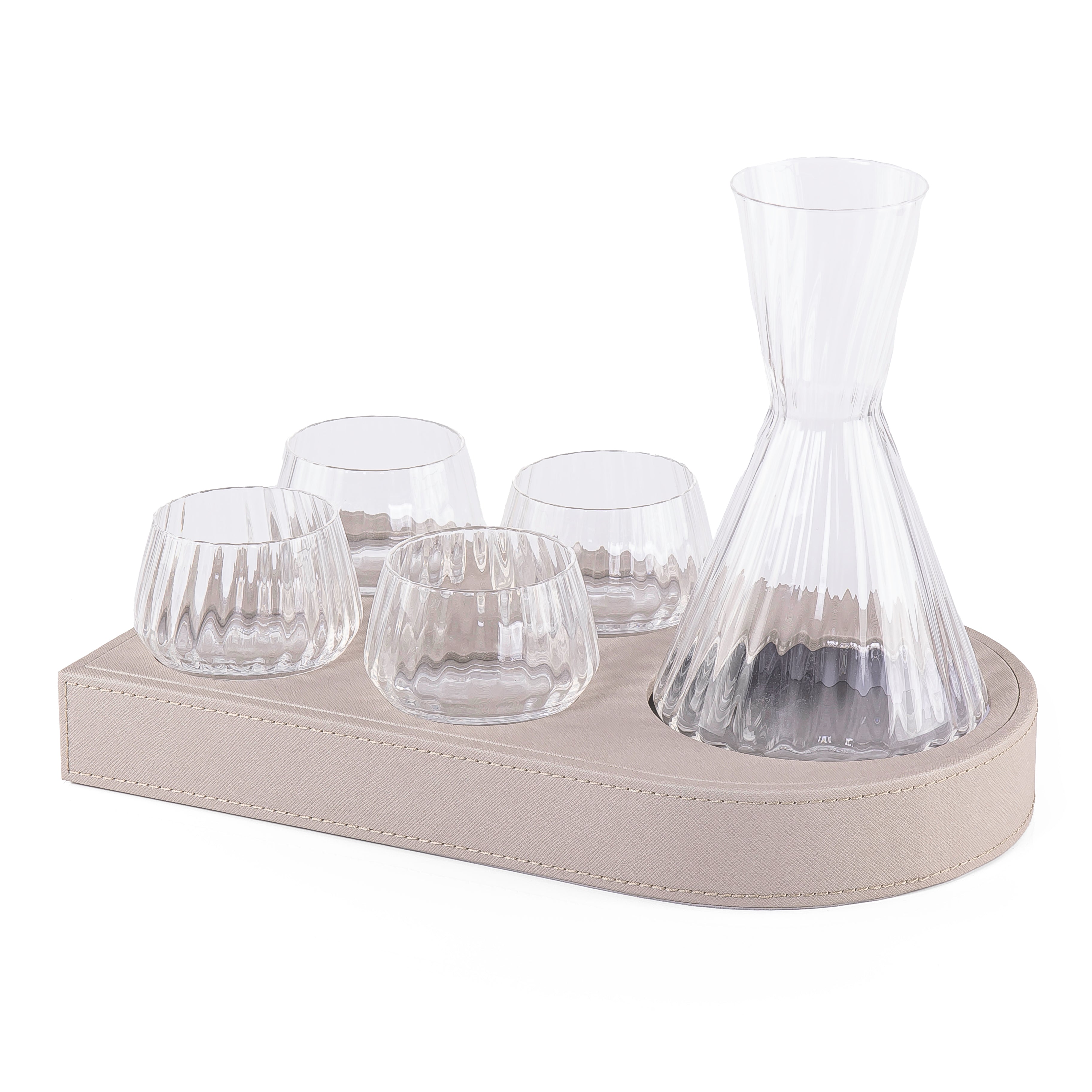 Wooden Tray Set Wrapped in Leather with 4 Cups Carafe and Gift Box - Light Grey
