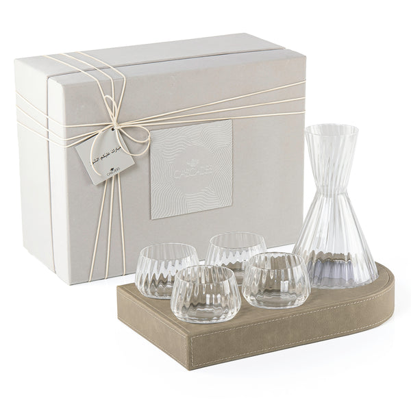 Wooden Tray Set Wrapped in Leather with 4 Cups Carafe and Gift Box -Olive