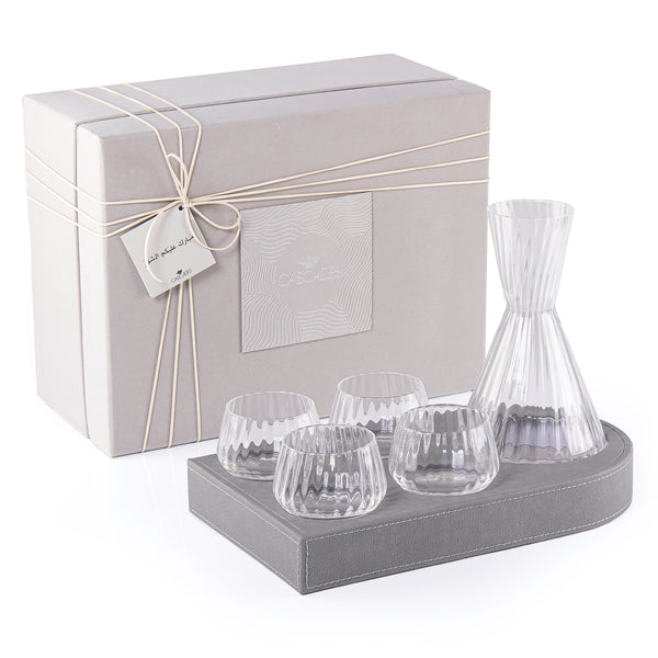 Wooden Tray Set Wrapped in Leather with 4 Cups Carafe and Gift Box - Dark Grey