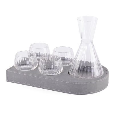 طقم صينية تقديم من الخشب بتلبيسة جلد مع 4 أكواب وإناء وبوكس هدية - رمادي غامق