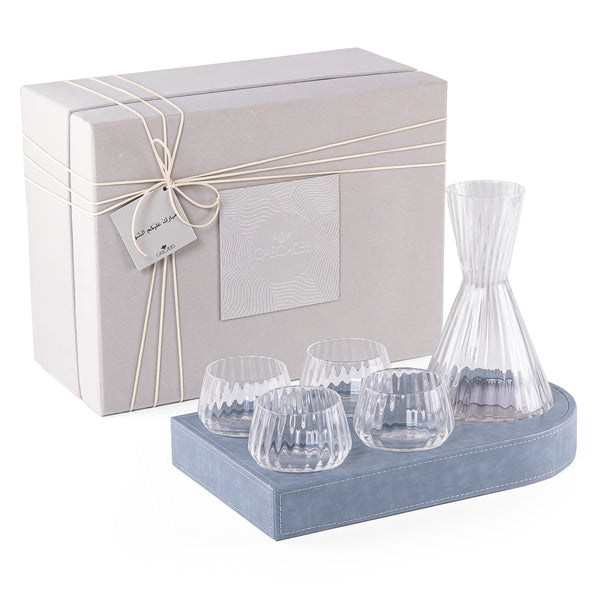 Wooden Tray Set Wrapped in Leather with 4 Cups Carafe and Gift Box - Blue