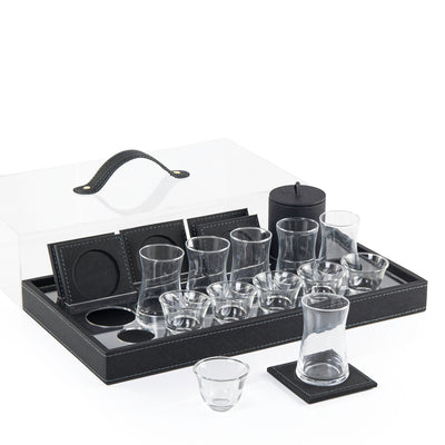 طقم صينية خشب بتلبيسة جلد مع أكواب شاي وقهوة وكوستر بغطاء أكريليك وبوكس هدية